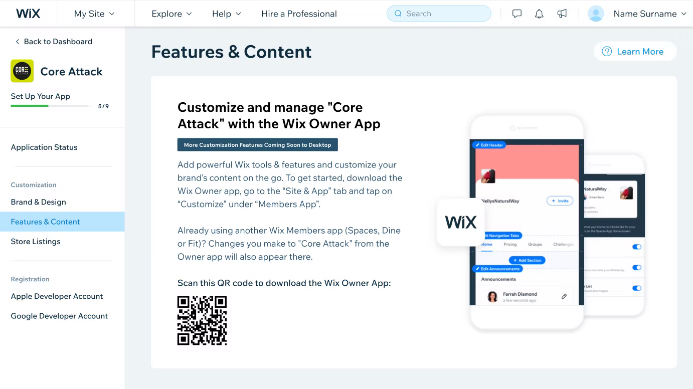 The original "Features & Content" screen — internal language, dense marketing copy, and a QR code buried at the bottom.