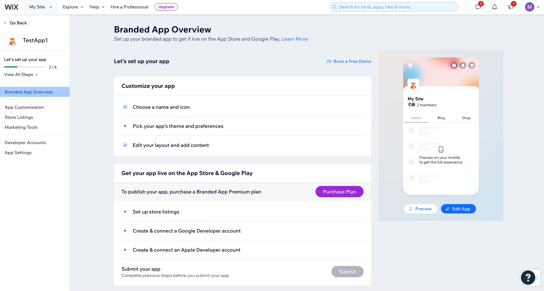 Branded App Overview: progressive setup broken into clear, sequenced steps